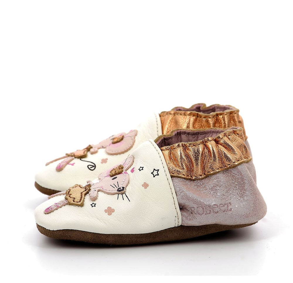 Pantuflas Robeez Dancing Mouse blanco rosa brillo