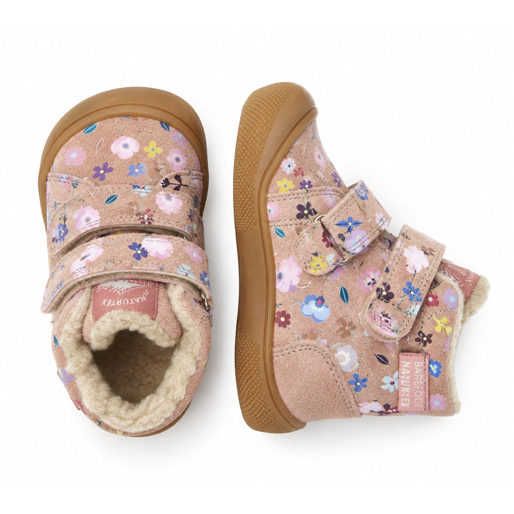 Naturino Barefoot Spinni Tex Wp de ante y lana rosa con flores