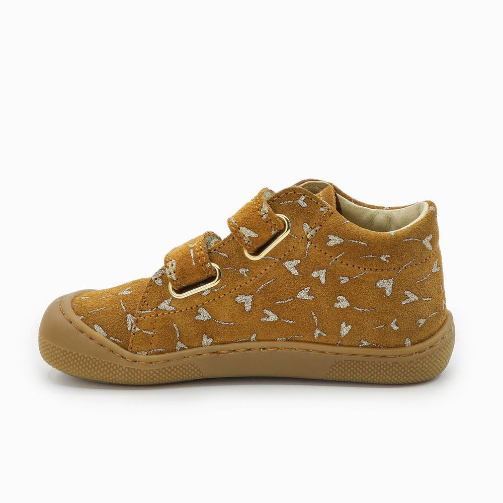 Naturino Barefoot Orec Velcros Suede Glitter Flower Hearth Nocciola