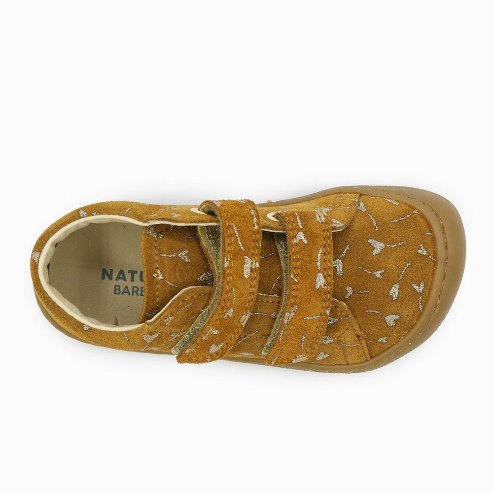 Naturino Barefoot Orec Velcros Suede Glitter Flower Hearth Nocciola